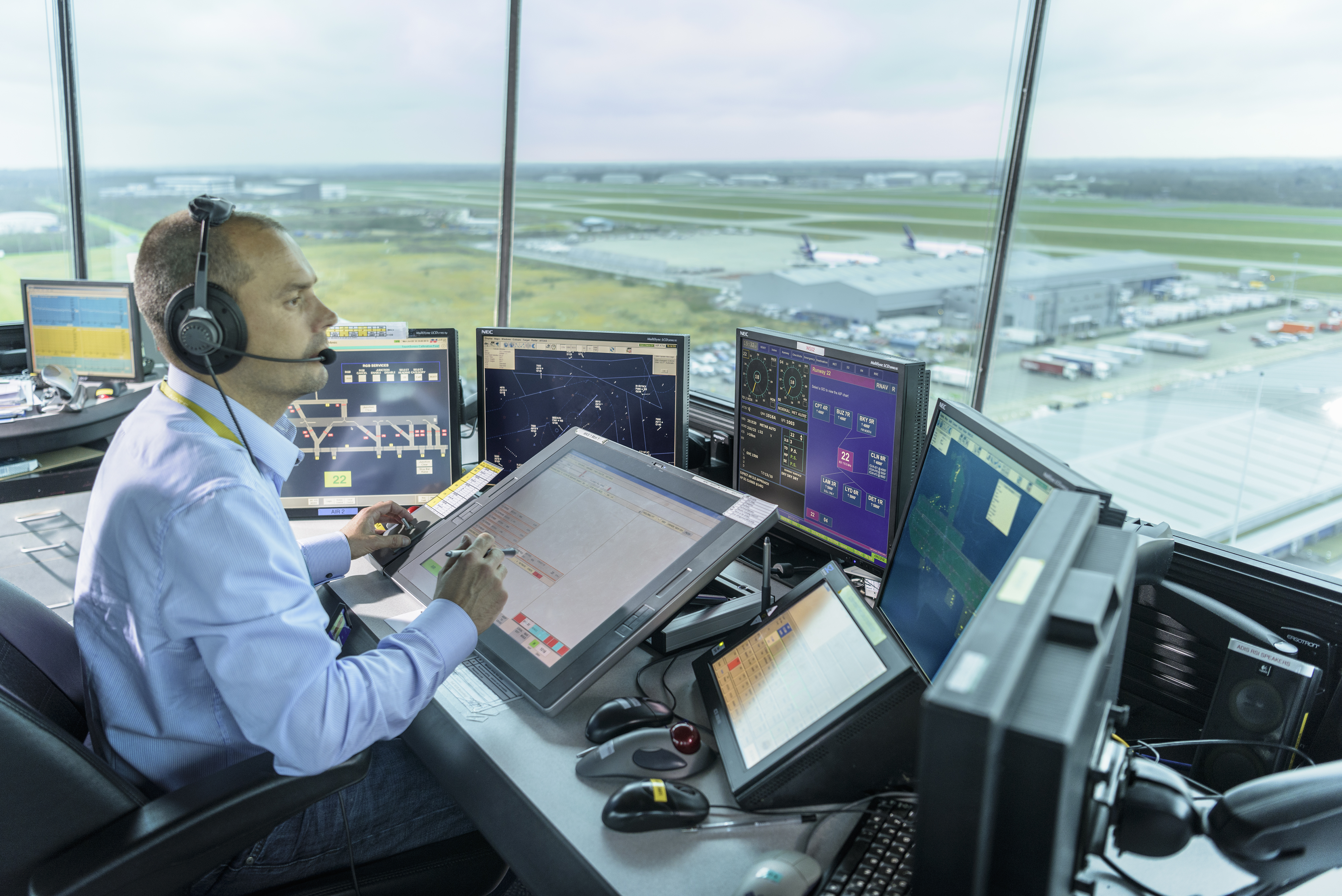 Inside Stansted control tower overlooking the FedEx operation