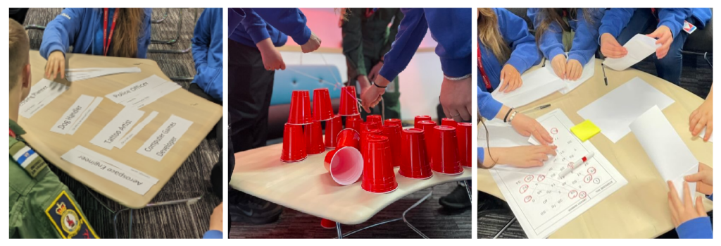 Paper sorting, red cup stacking exercises